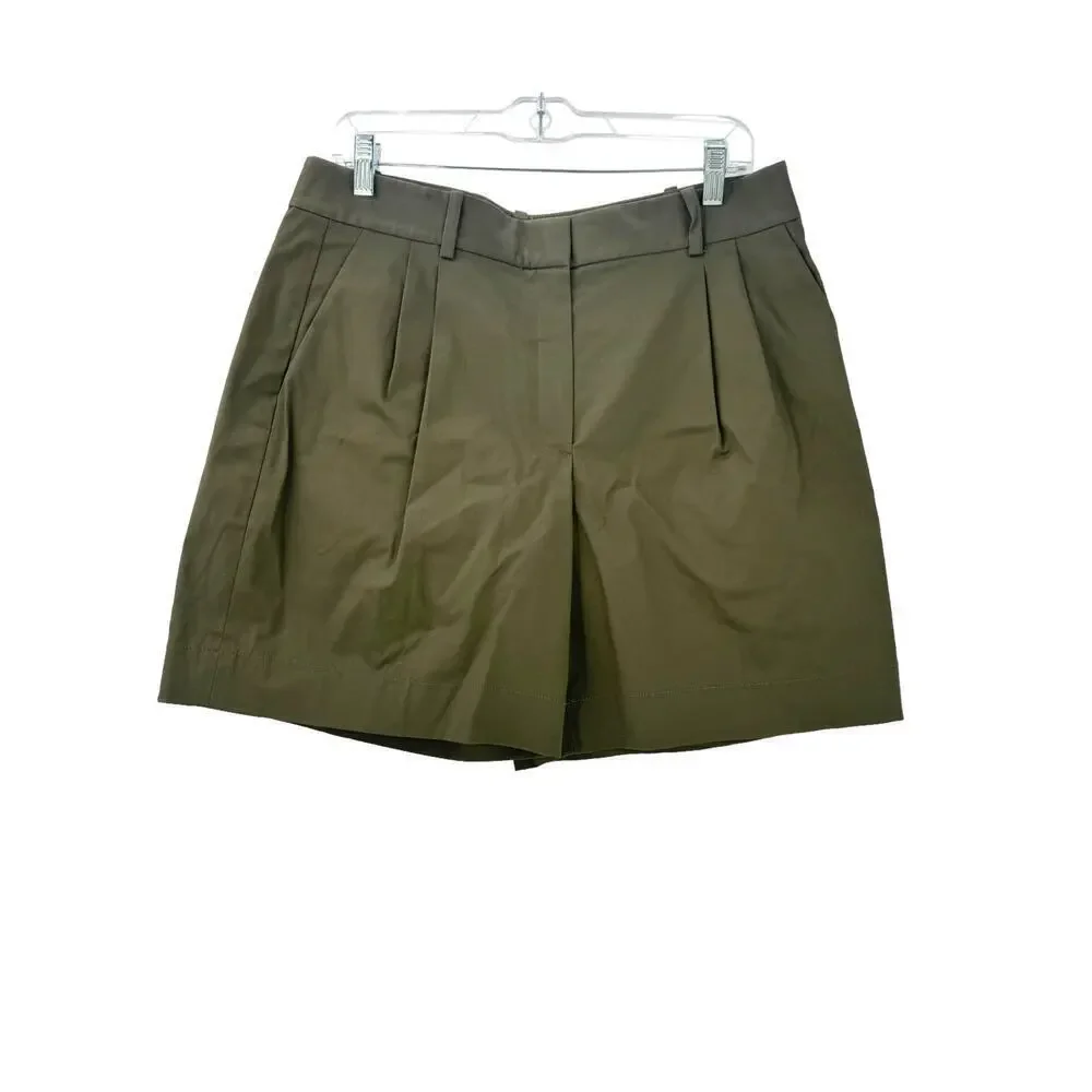Theory High-Rise Pleated Shorts in Stretch Cotton Twill Olive Size 10 NWOT